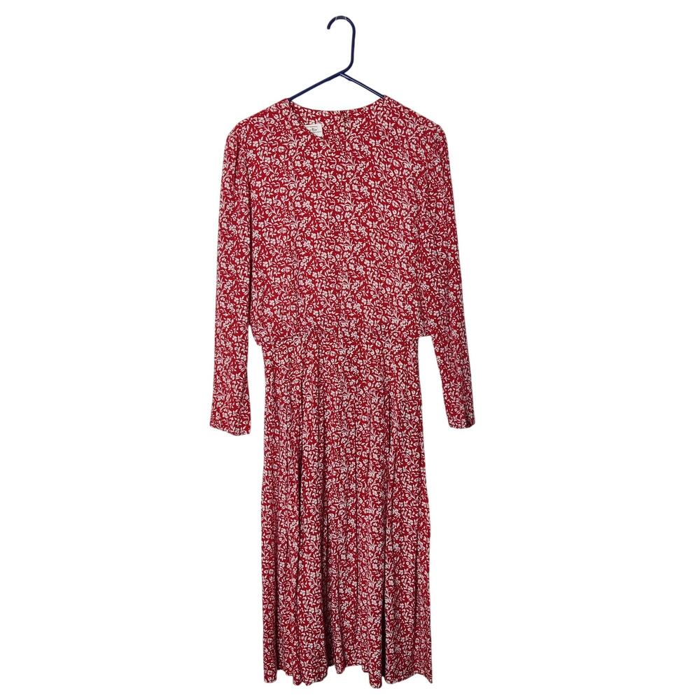 Vtg 90s Talbots Red Floral Pleated Long Sleeve Modest Midi Dress 8 Cottagecore
